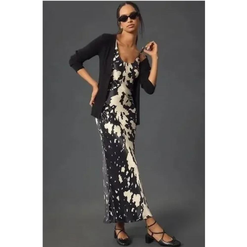 Anthropologie Conditions Apply Elva Slip Midi Cow Print Satin Dress Small NEW